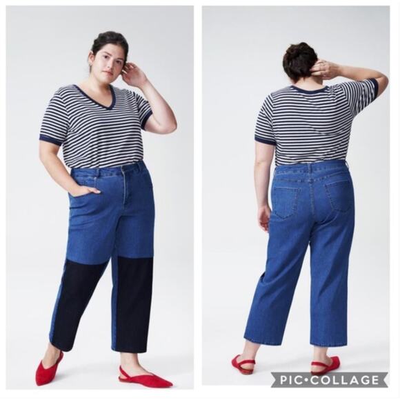 Universal Standard Ravi Colorblock Jeans 40 NWT Blue Denim Straight Wide Leg - Picture 1 of 5